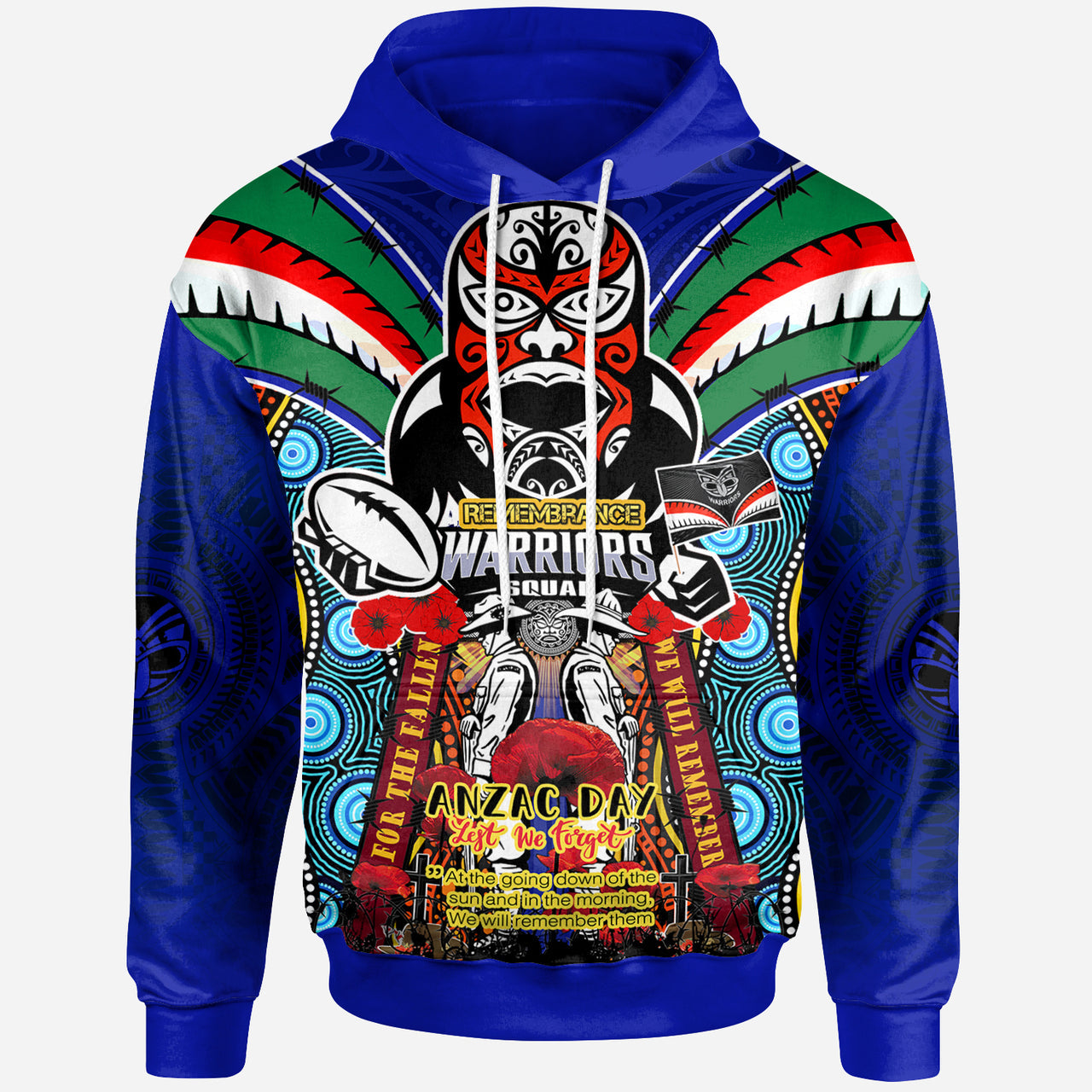 Warriors Rugby Custom Anzac Hoodie - Remembrance Warriors With Maori Mask And Aboriginal Patterns (Home and Away) LT10