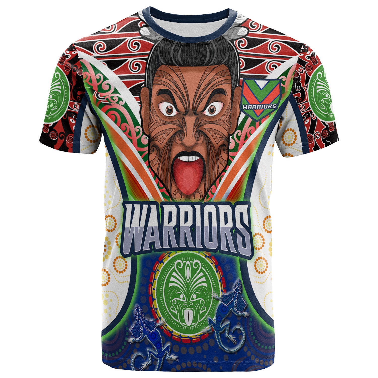 warriors-rugby-t-shirt-custom-new-zealand-warriors-tiki-the-mascot-with-mori-and-aboriginal-art-t-shirt