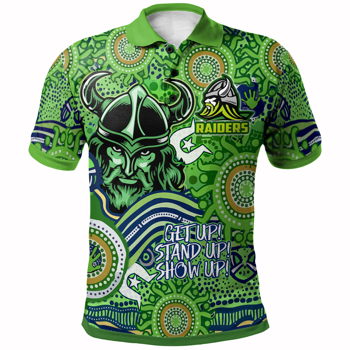 raiders-rugby-naidoc-week-watercolour-dot-painting-polo-shirt-custom-canberra-raiders-getting-up-standing-up-showing-up