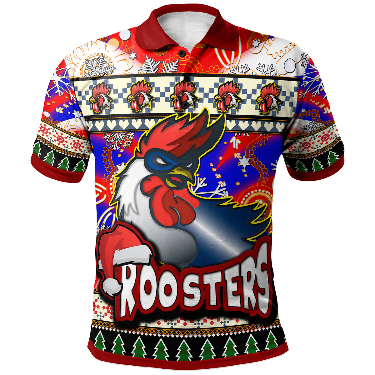 roosters-rugby-christmas-polo-shirt-custom-xmas-roosters-christmas-balls-snowflake-with-aboriginal-patterns-polo-shirt