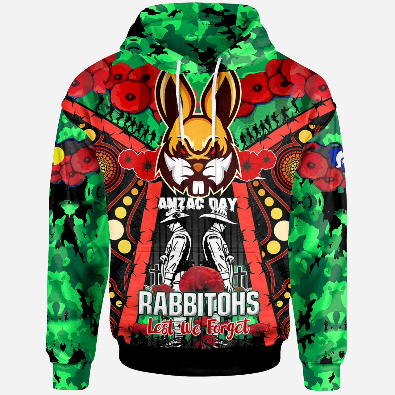 rabbitohs-rugby-aboriginal-anzac-day-custom-watercolour-hoodie-remembrance-indigenous-rabbitohs-with-poppy-flower