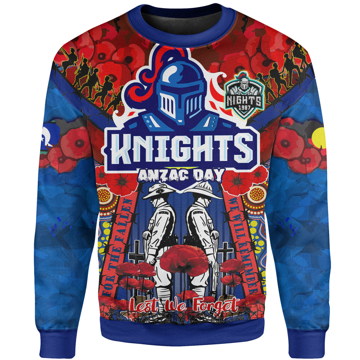 knights-rugby-anzac-watercolour-sweatshirt-custom-remembrance-indigenous-newcastle-knights-with-poppy-flower-sweatshirt
