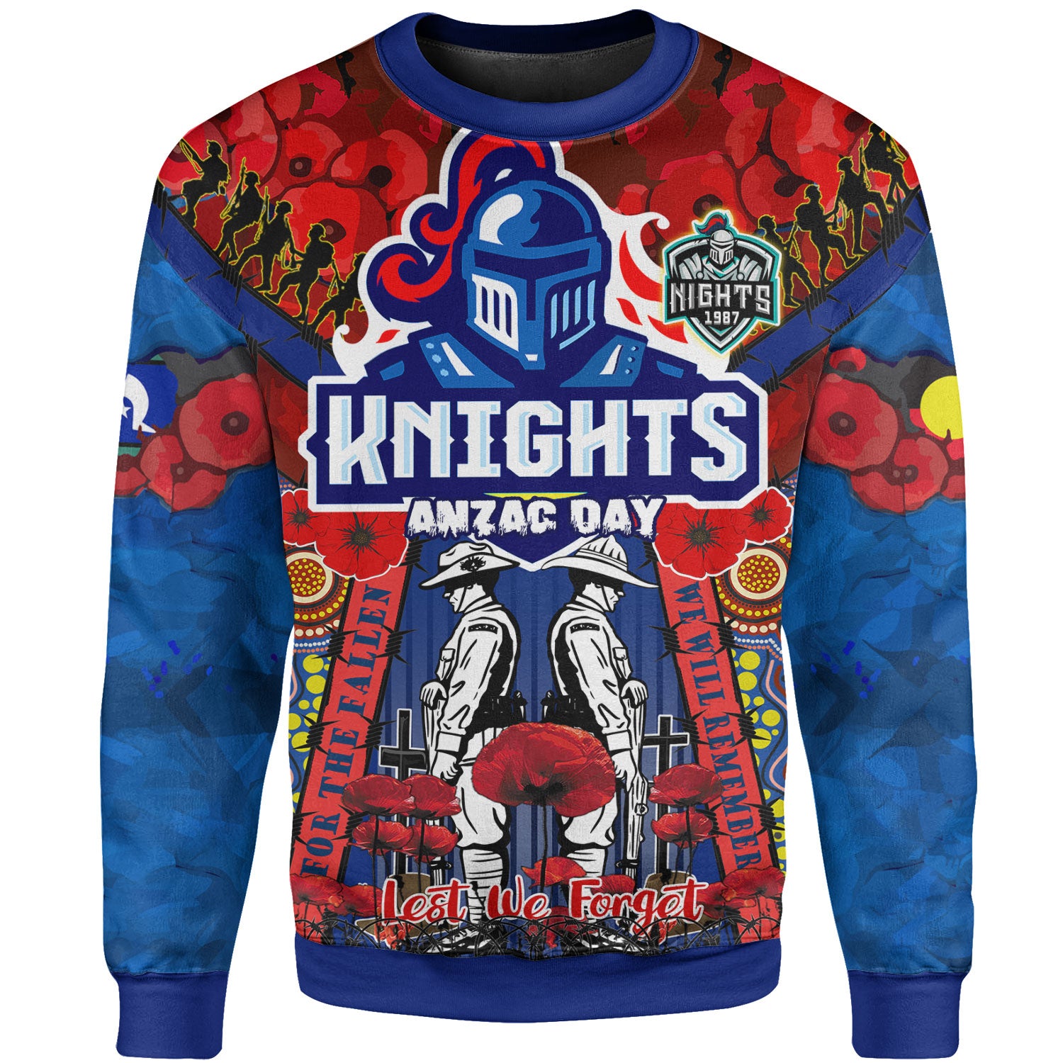 knights-rugby-anzac-watercolour-sweatshirt-custom-remembrance-indigenous-newcastle-knights-with-poppy-flower-sweatshirt