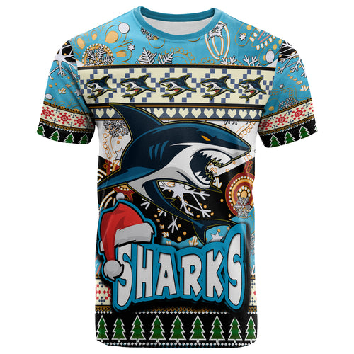 sharks-rugby-christmas-t-shirt-custom-xmas-sharks-christmas-balls-snowflake-with-aboriginal-patterns-t-shirt