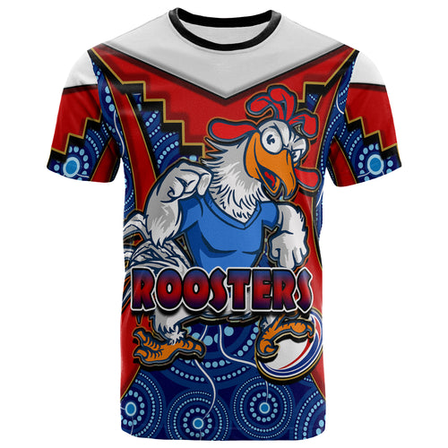 roosters-rugby-t-shirt-custom-rooster-with-rugby-ball-aboriginal-dot-painting-personalised-player-and-number-t-shirt