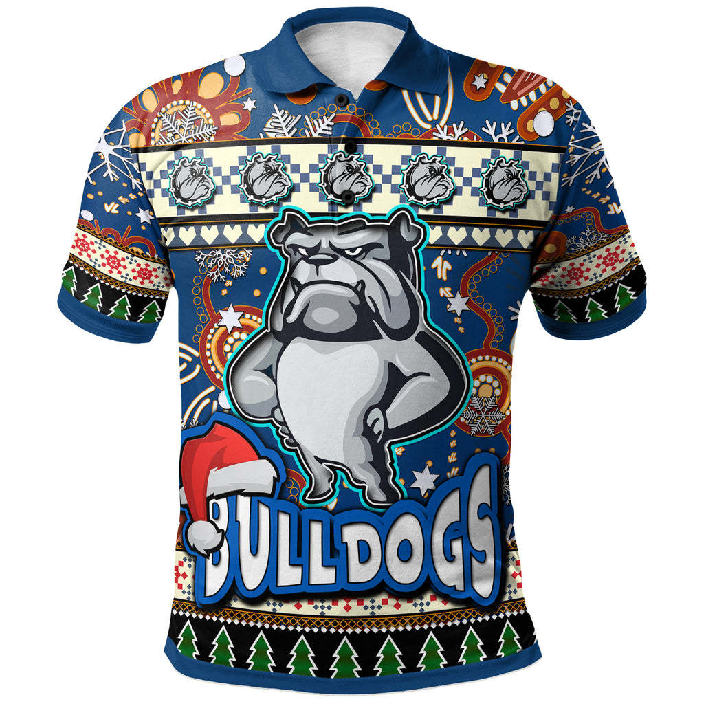 bulldogs-rugby-christmas-polo-shirt-custom-xmas-bulldogs-christmas-balls-snowflake-with-aboriginal-patterns-polo-shirt