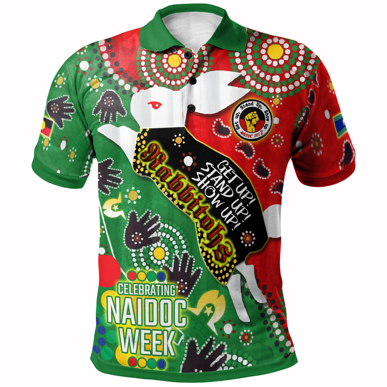 rabbitohs-rugby-naidoc-week-custom-watercolour-dot-painting-polo-shirt-rabbitohs-getting-up-standing-up-showing-up