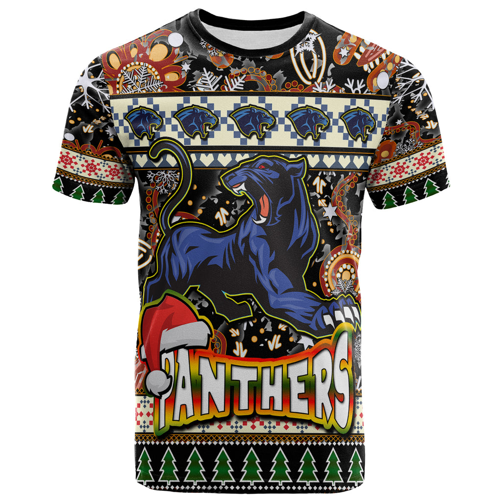 panthers-rugby-christmas-t-shirt-custom-xmas-panthers-christmas-balls-snowflake-with-aboriginal-patterns-t-shirt