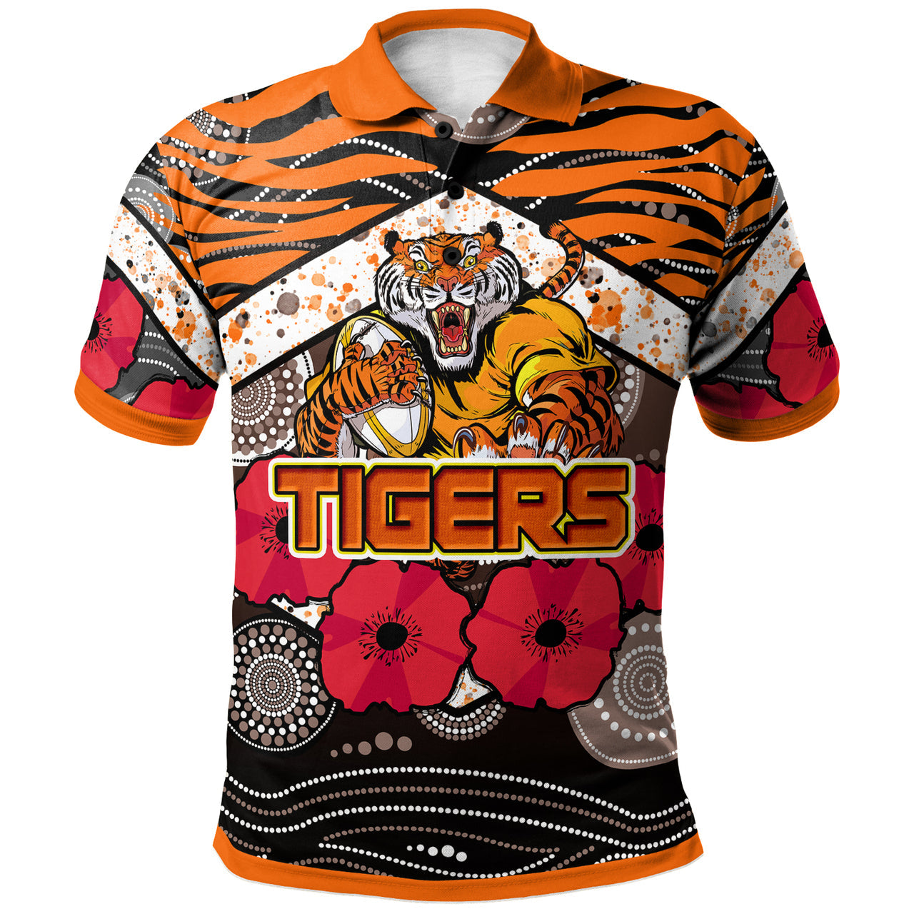tigers-rugby-polo-shirt-aboriginal-aboriginal-tiger-skin-texture-anzac-day-tiger-with-poppy-polo-shirt