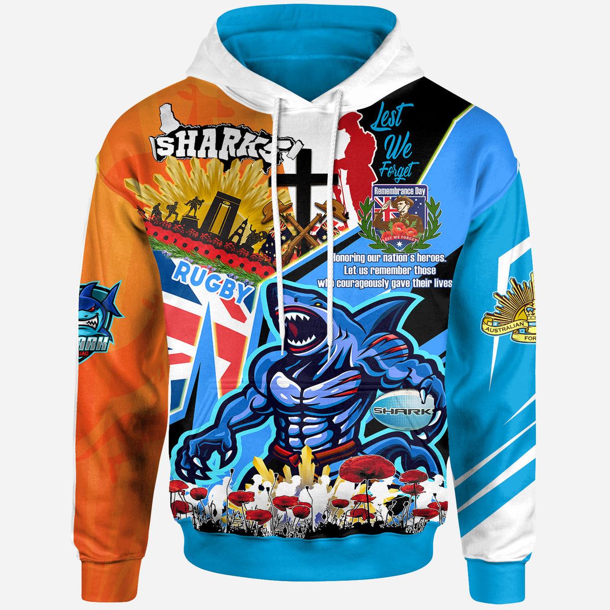 sharks-rugby-hoodie-custom-remembrance-sharks-anzac-quote-with-poppy-and-rosemary-hoodie