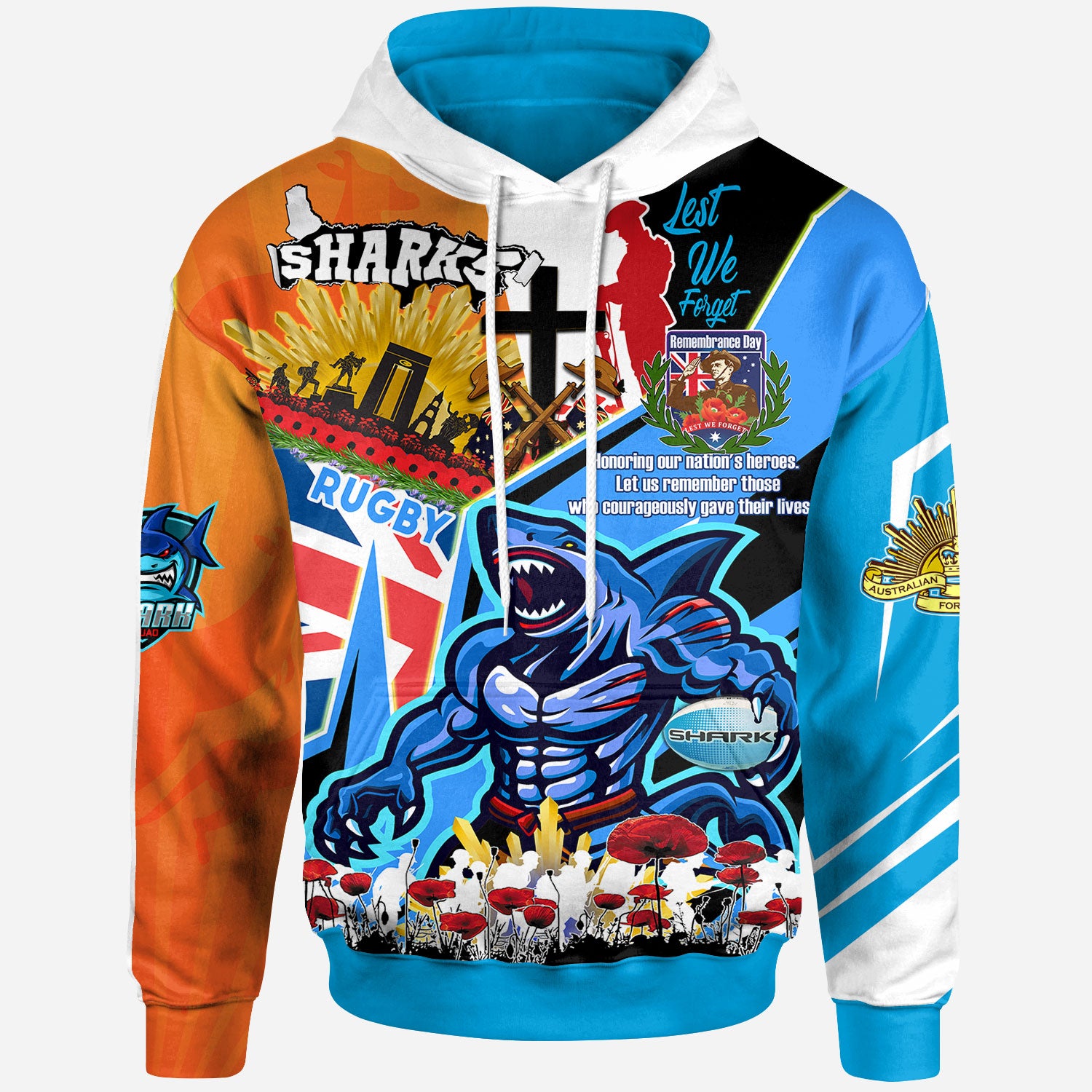 sharks-rugby-hoodie-custom-remembrance-sharks-anzac-quote-with-poppy-and-rosemary-hoodie