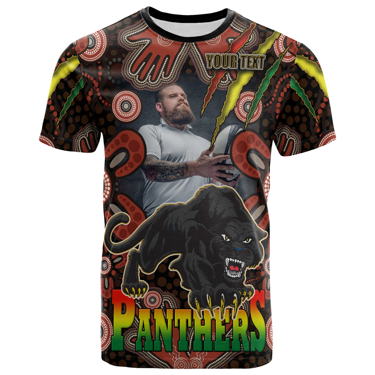 panthers-rugby-t-shirt-personalised-photo-panther-with-aboriginal-dot-design-background-t-shirt