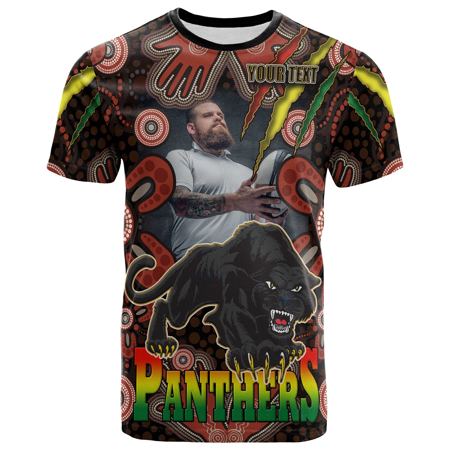 panthers-rugby-t-shirt-personalised-photo-panther-with-aboriginal-dot-design-background-t-shirt