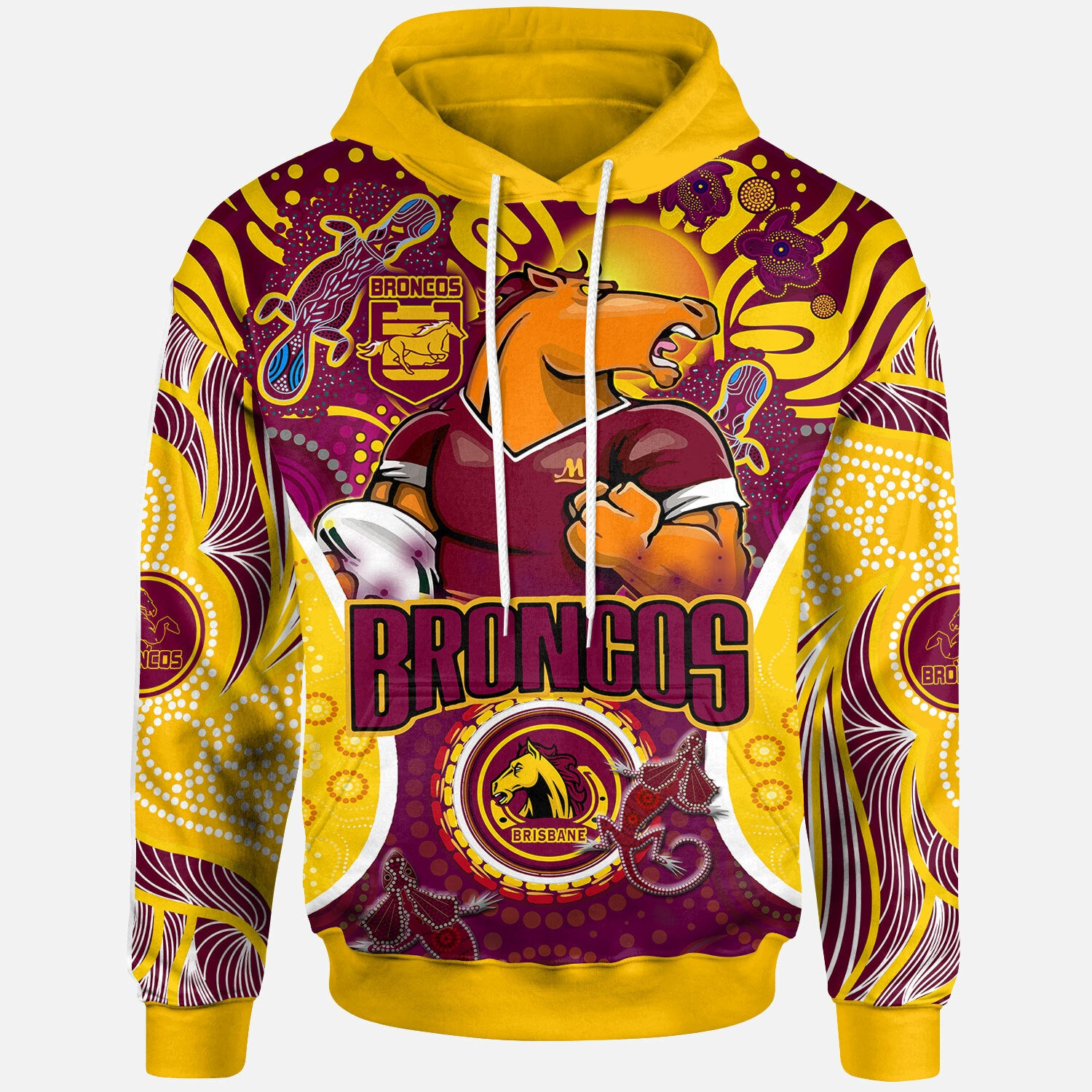 brisbane-broncos-rugby-hoodie-custom-brisbane-broncos-mascot-with-aboriginal-art-personalised-player-and-number-hoodie