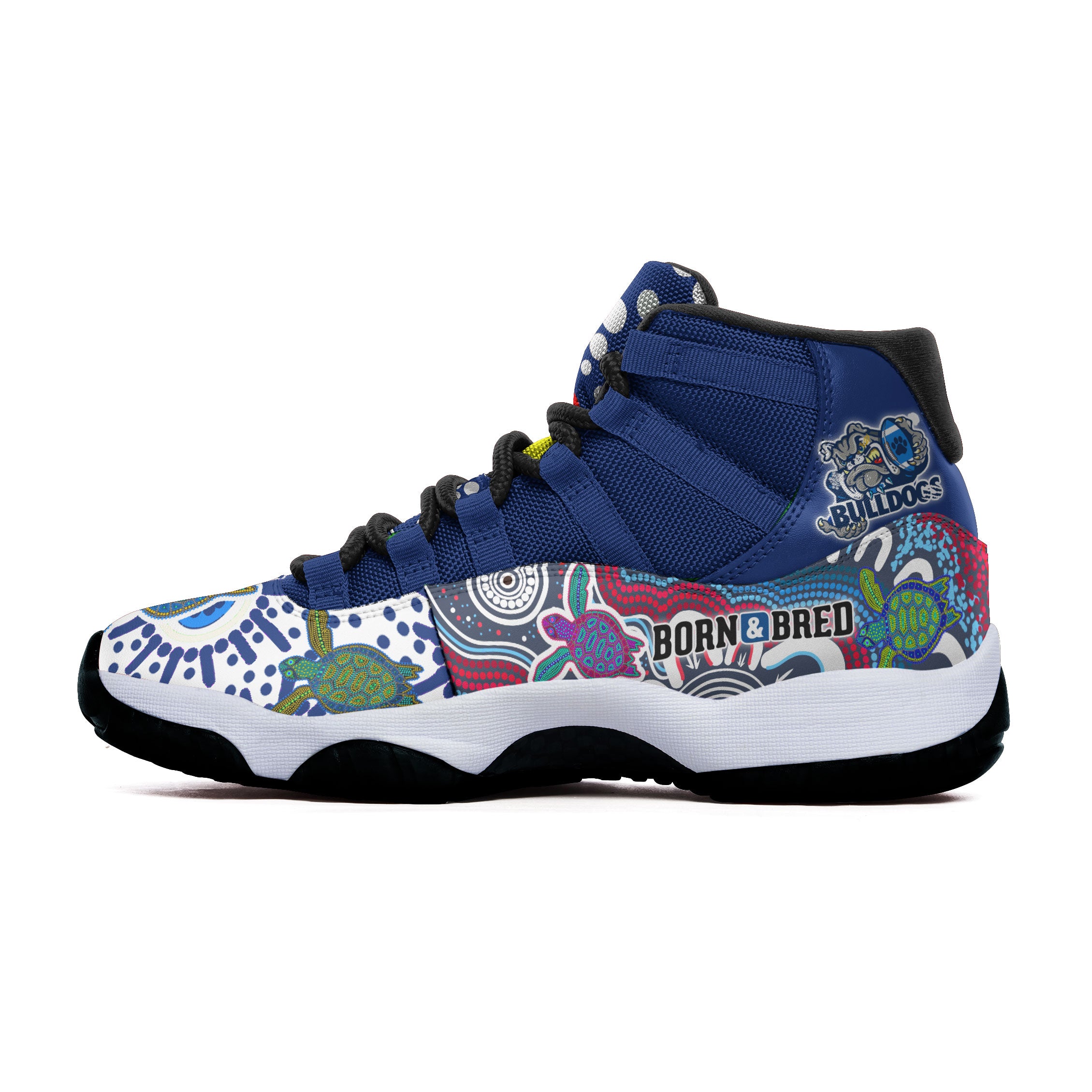 bulldogs-rugby-born-bred-high-top-basketball-shoes-j11-custom-indigenous-bulldogs-with-rugby-ball-and-aboriginal-patterns