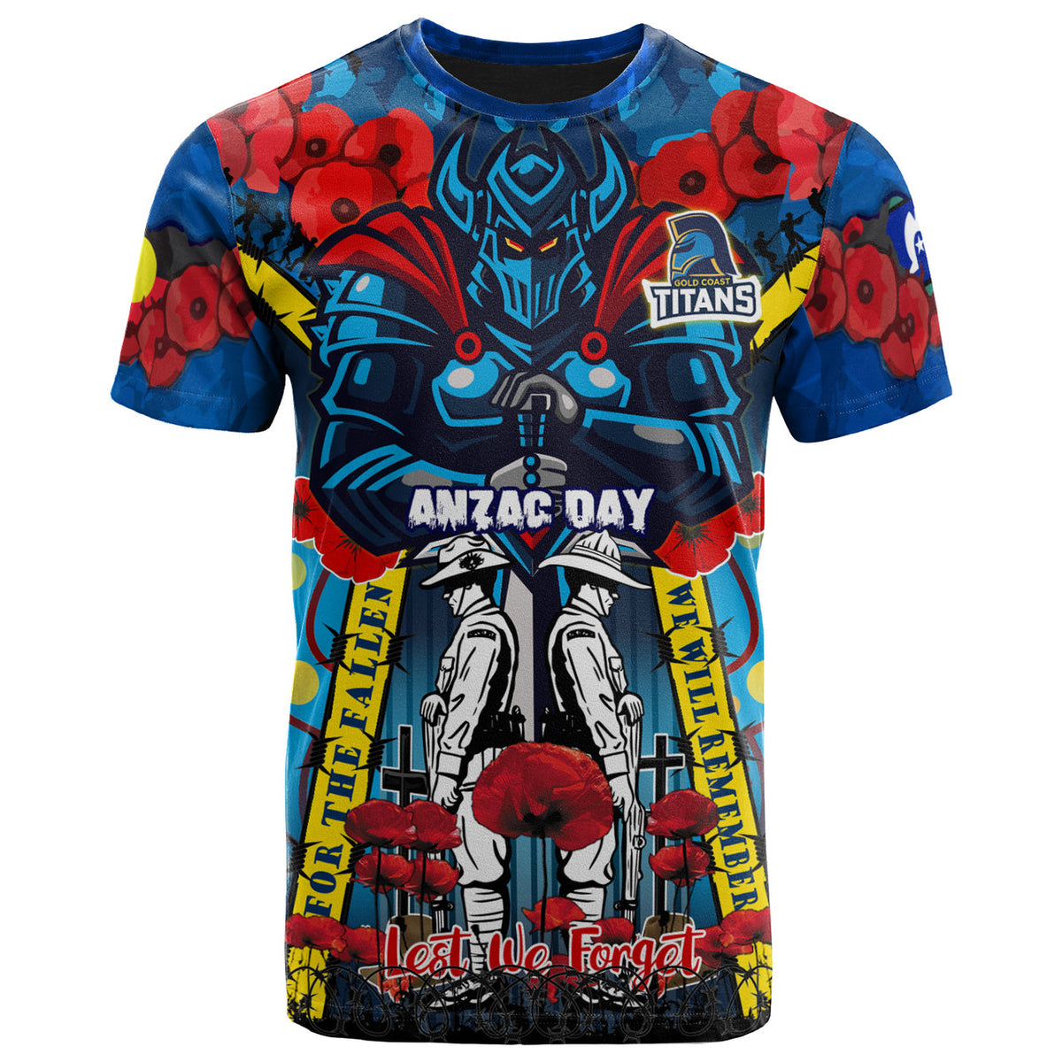 titans-aboriginal-rugby-anzac-day-custom-watercolour-t-shirt-remembrance-indigenous-titans-with-poppy-flower