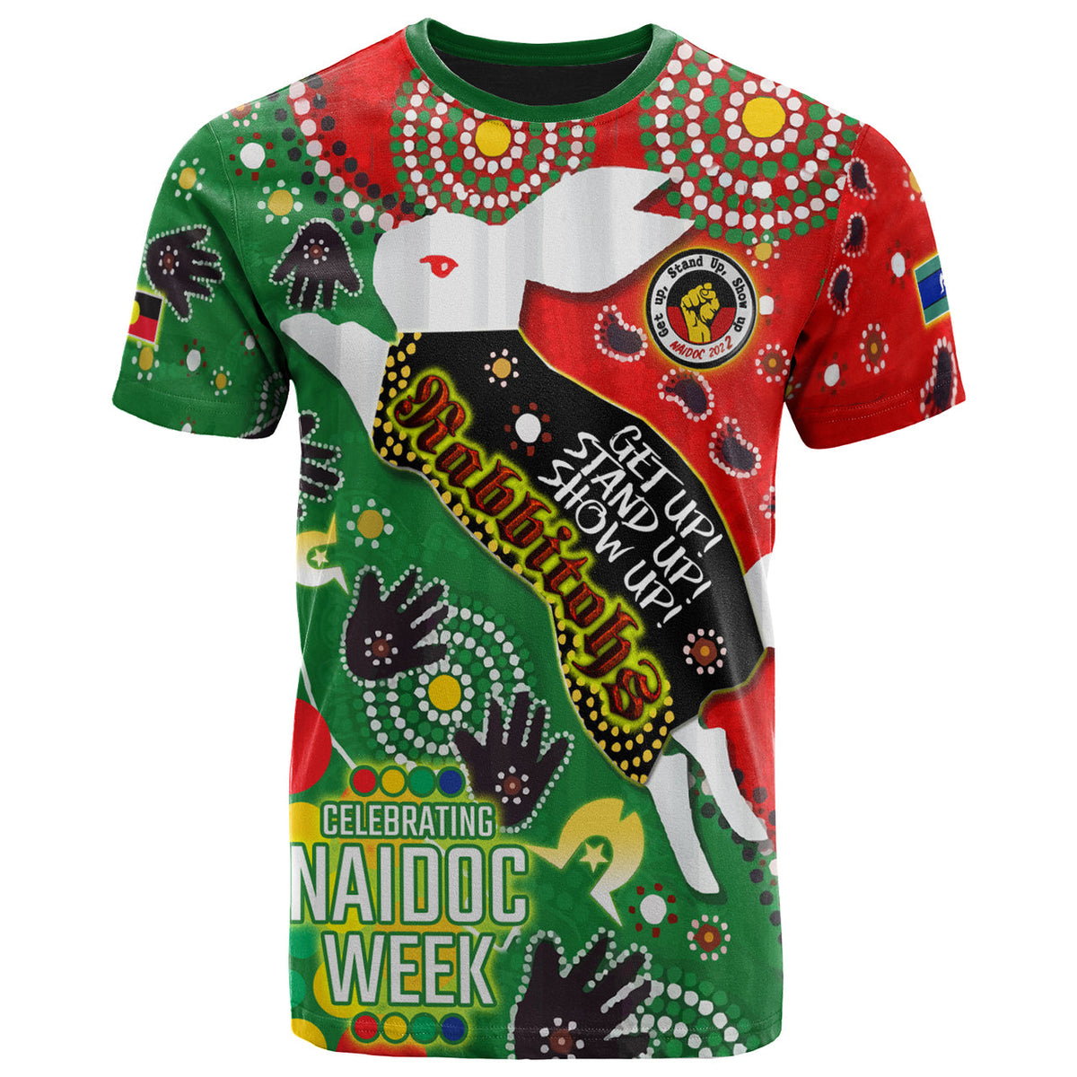 rabbitohs-rugby-naidoc-week-custom-watercolour-dot-painting-t-shirt-rabbitohs-getting-up-standing-up-showing-up
