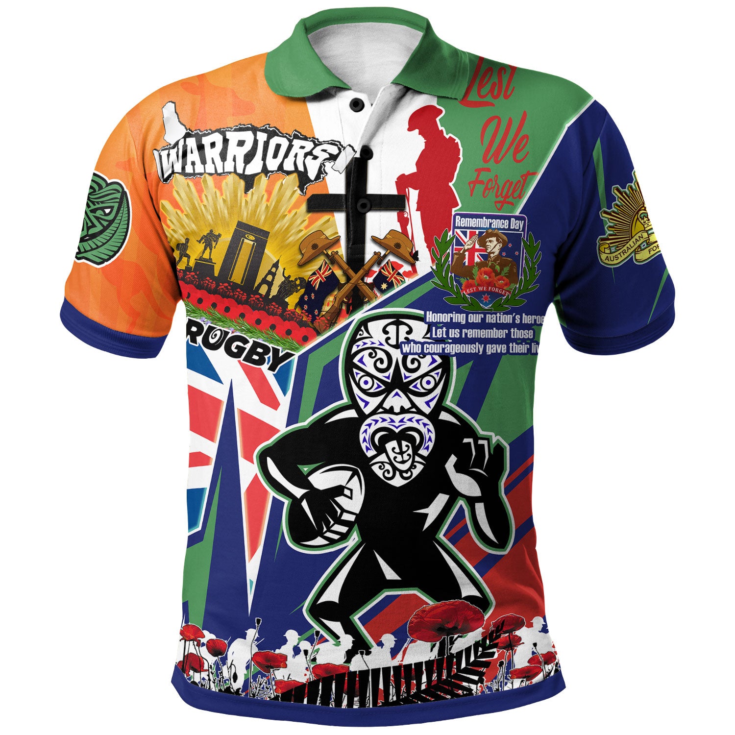 warriors-rugby-polo-shirt-custom-remembrance-warriors-anzac-quote-with-poppy-and-rosemary-polo-shirt