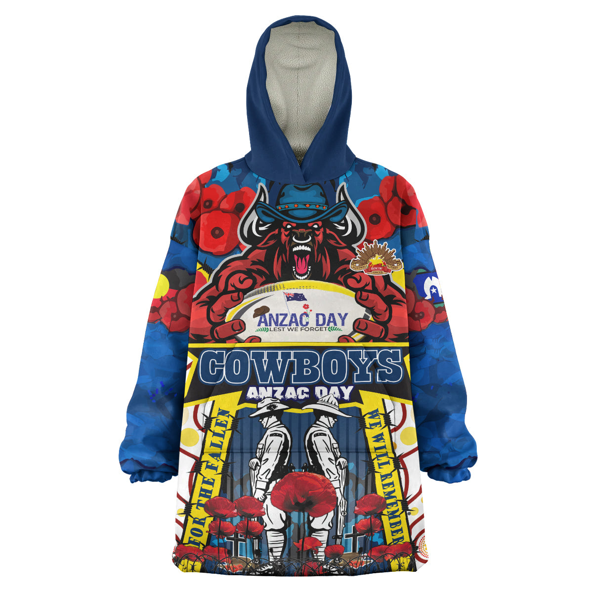 cowboys-rugby-anzac-day-snug-hoodie-custom-remembrance-cowboys-with-rugby-ball-and-poppy-flower-oodie-blanket
