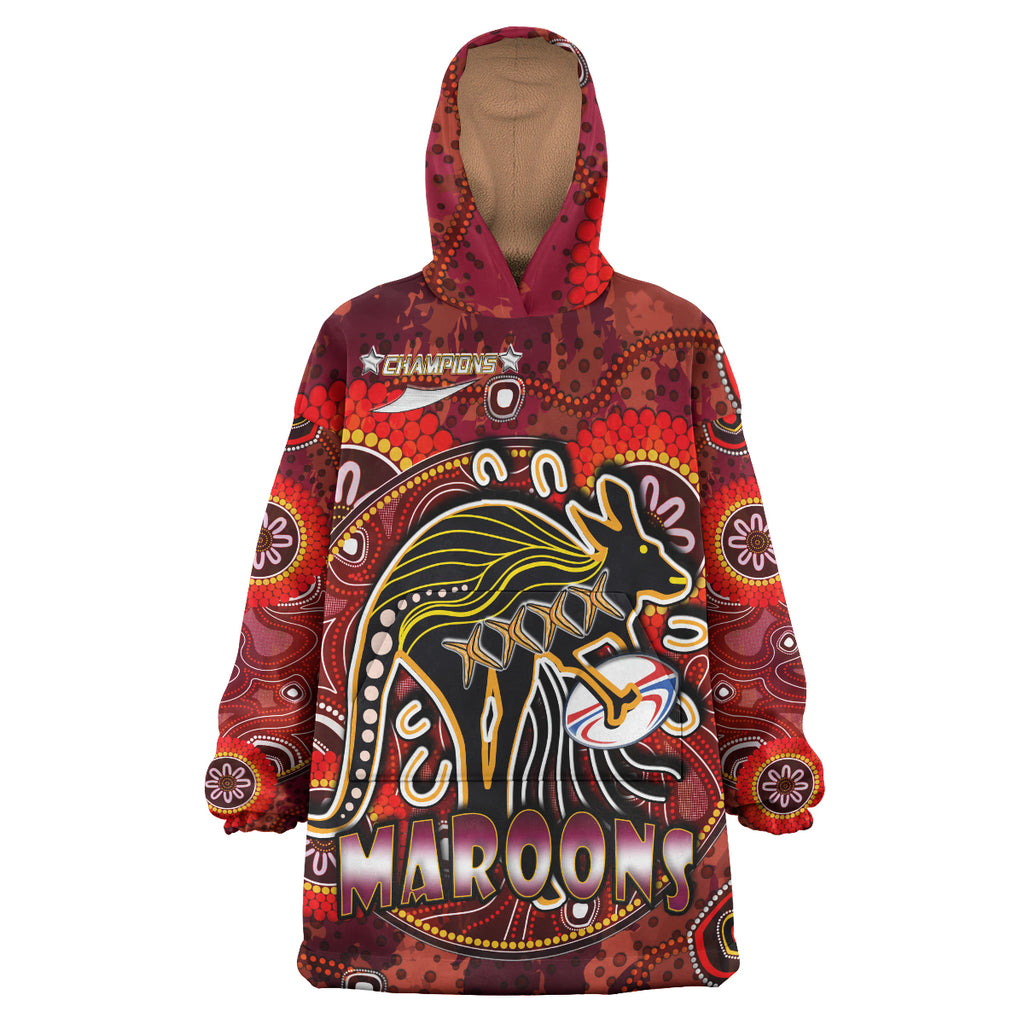 maroons-rugby-snug-hoodie-custom-maroons-kangaroo-with-aboriginal-style-of-dot-painting-personalised-player-and-number-oodie-blanket