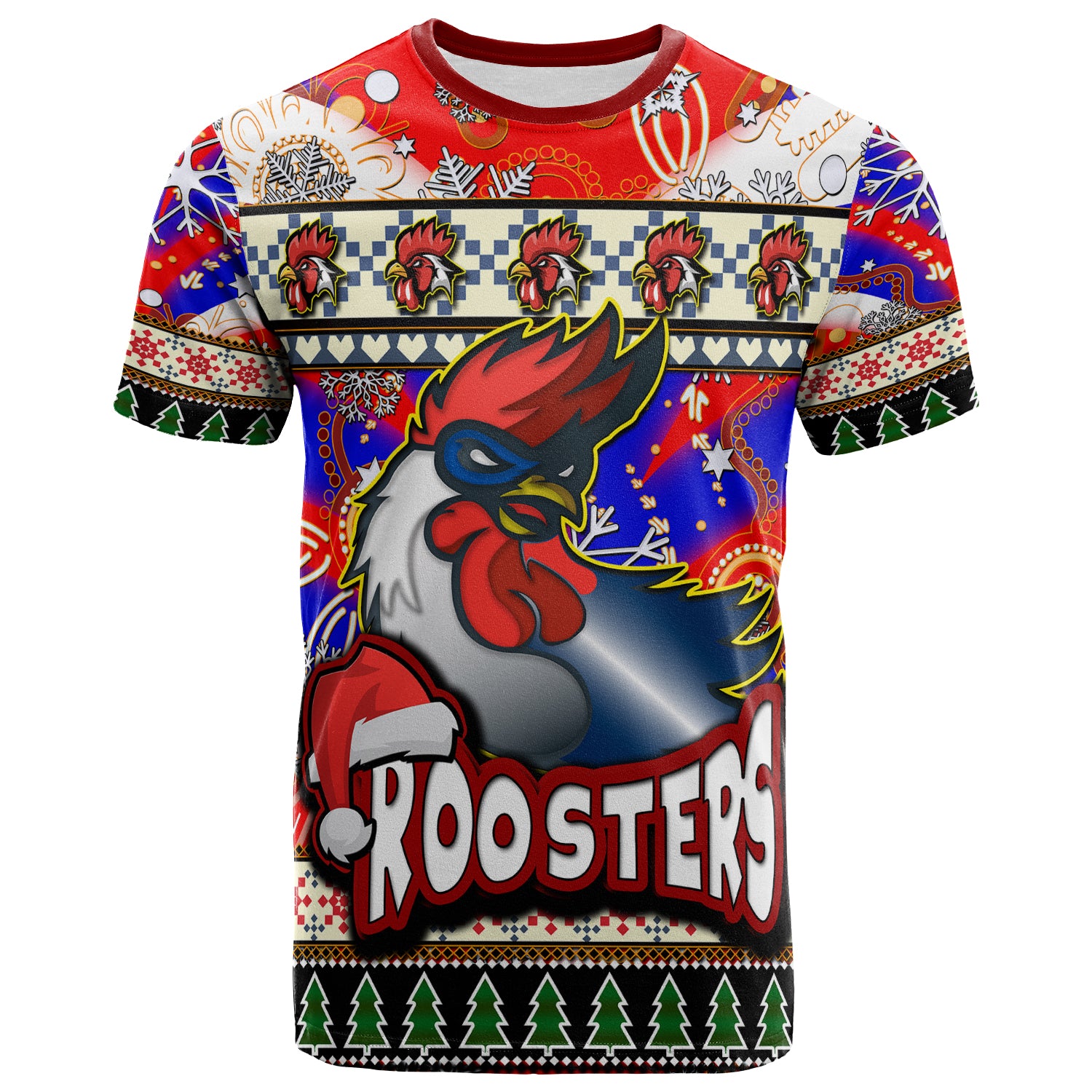 roosters-rugby-christmas-t-shirt-custom-xmas-roosters-christmas-balls-snowflake-with-aboriginal-patterns-t-shirt