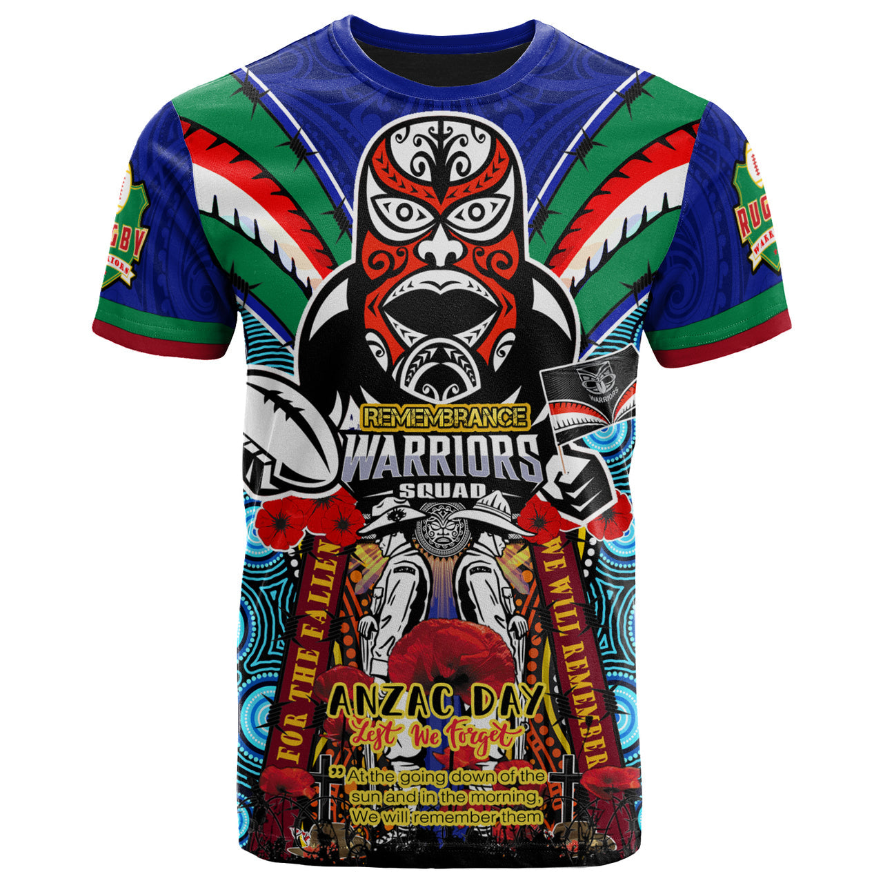 warriors-rugby-custom-anzac-t-shirt-remembrance-warriors-with-maori-mask-and-aboriginal-patterns-home-and-away