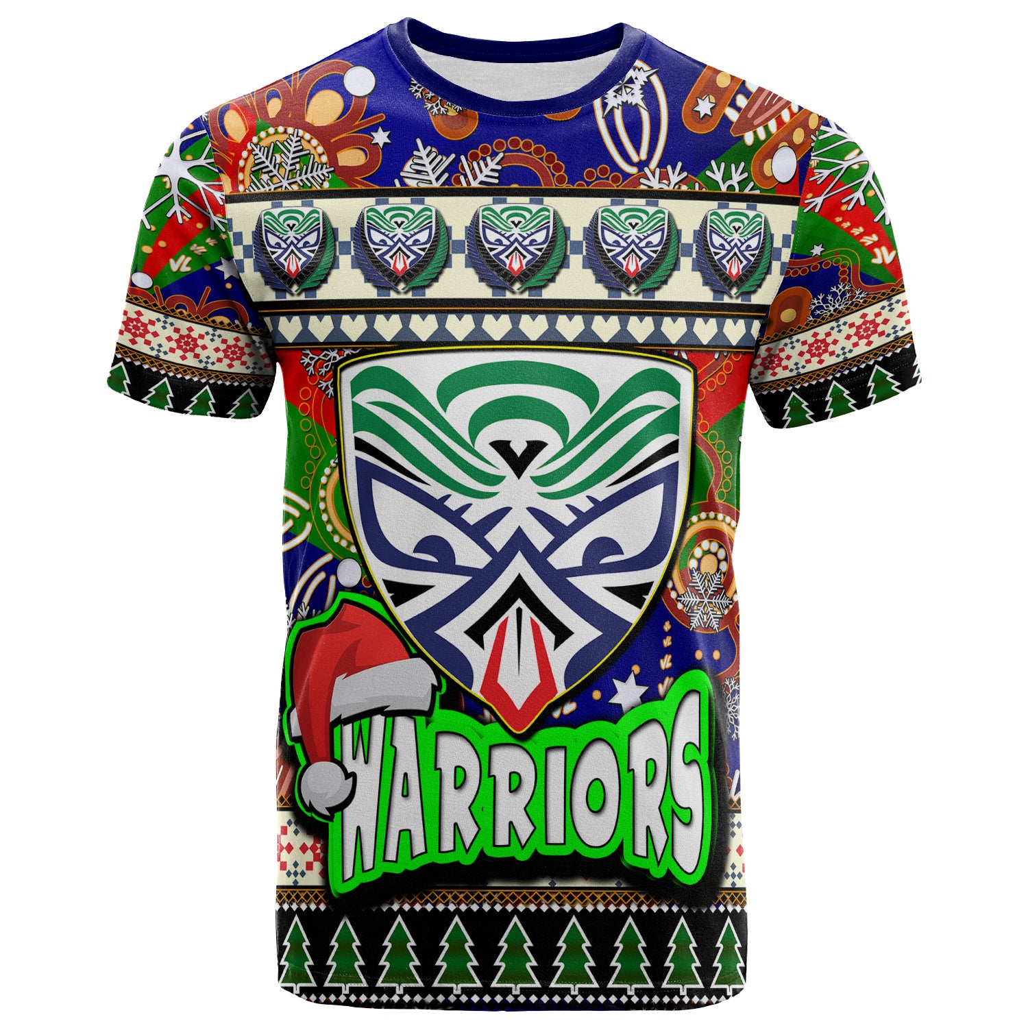warriors-rugby-christmas-t-shirt-custom-xmas-warriors-christmas-balls-snowflake-with-aboriginal-patterns-t-shirt