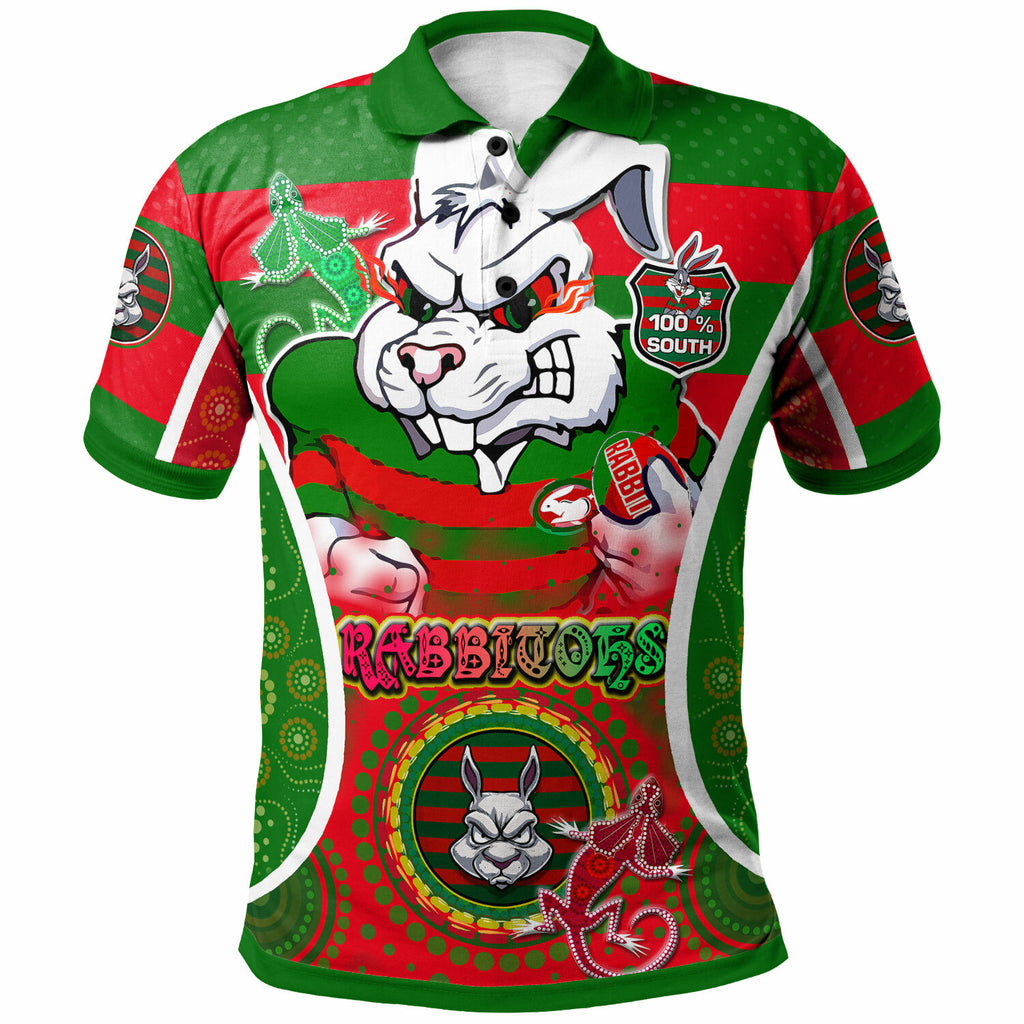 rabbitohs-rugby-polo-shirt-custom-angry-rabbitohs-100-south-personalised-player-and-number-aboriginal-pride-polo-shirt