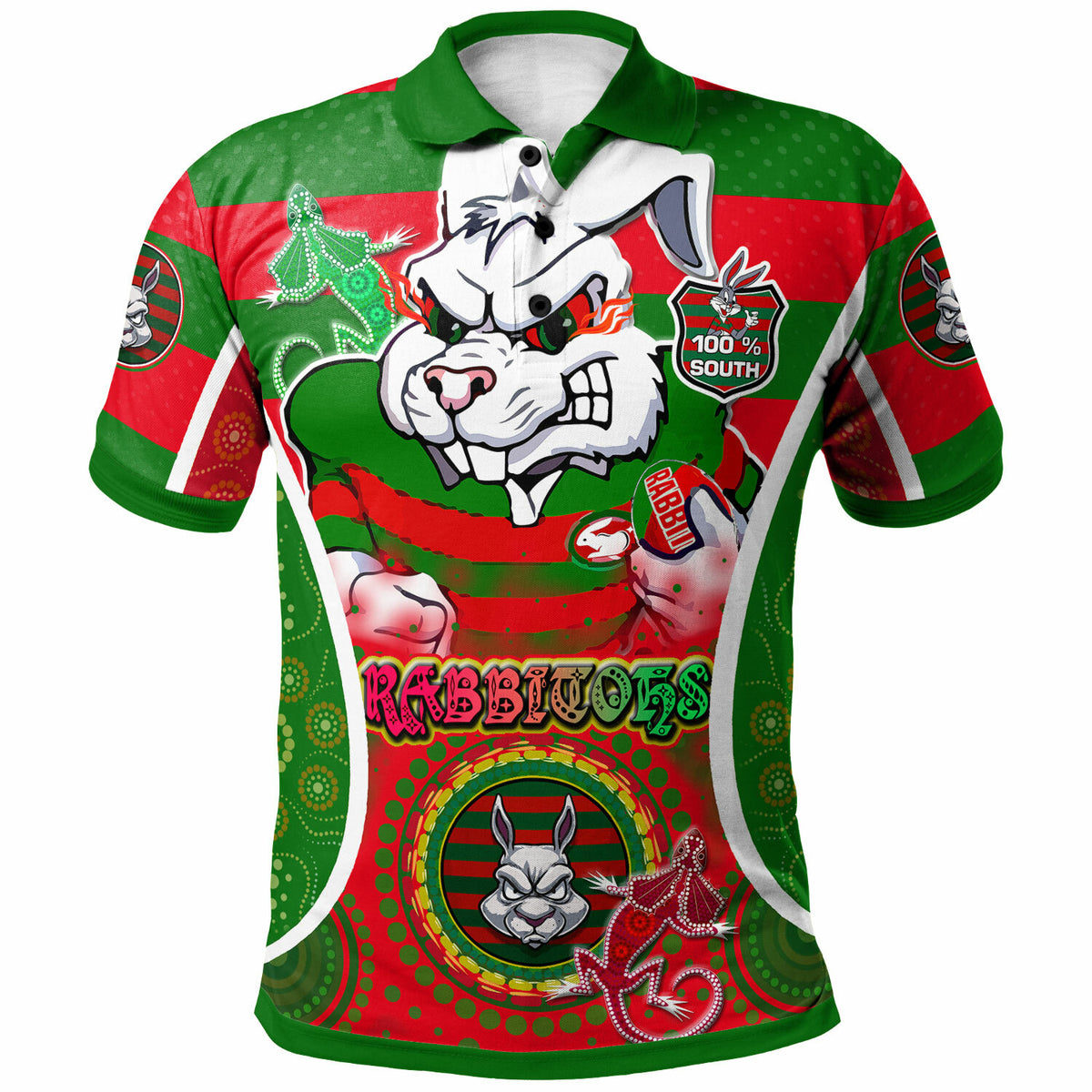 rabbitohs-rugby-polo-shirt-custom-angry-rabbitohs-100-south-personalised-player-and-number-aboriginal-pride-polo-shirt