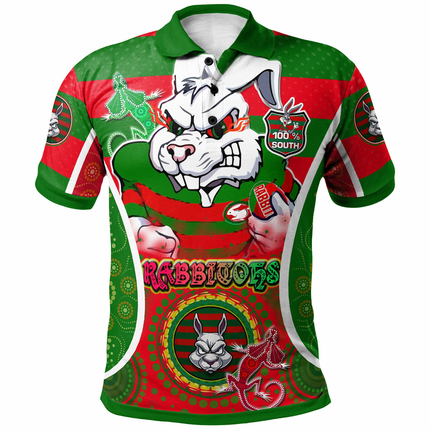 rabbitohs-rugby-polo-shirt-custom-angry-rabbitohs-100-south-personalised-player-and-number-aboriginal-pride-polo-shirt