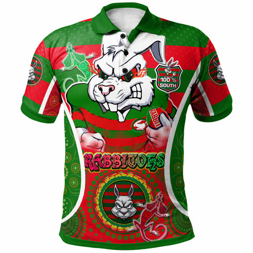 rabbitohs-rugby-polo-shirt-custom-angry-rabbitohs-100-south-personalised-player-and-number-aboriginal-pride-polo-shirt