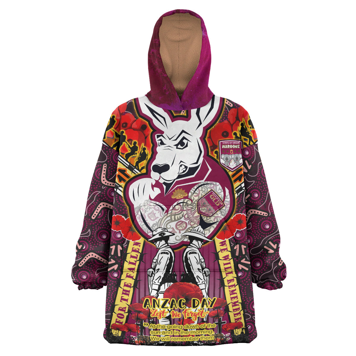 maroons-rugby-anzac-custom-watercolour-snug-hoodie-remembrance-maroons-kangaroo-with-poppy-flower-oodie-blanket