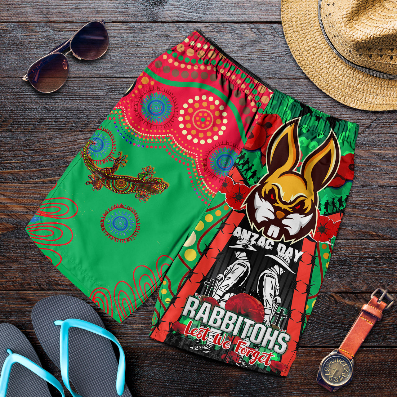 rabbitohs-rugby-aboriginal-anzac-day-custom-watercolour-men-short-remembrance-indigenous-rabbitohs-with-poppy-flower