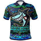 sharks-rugby-polo-shirt-custom-sharks-rugby-with-fish-aboriginal-style-personalised-player-and-number-polo-shirt