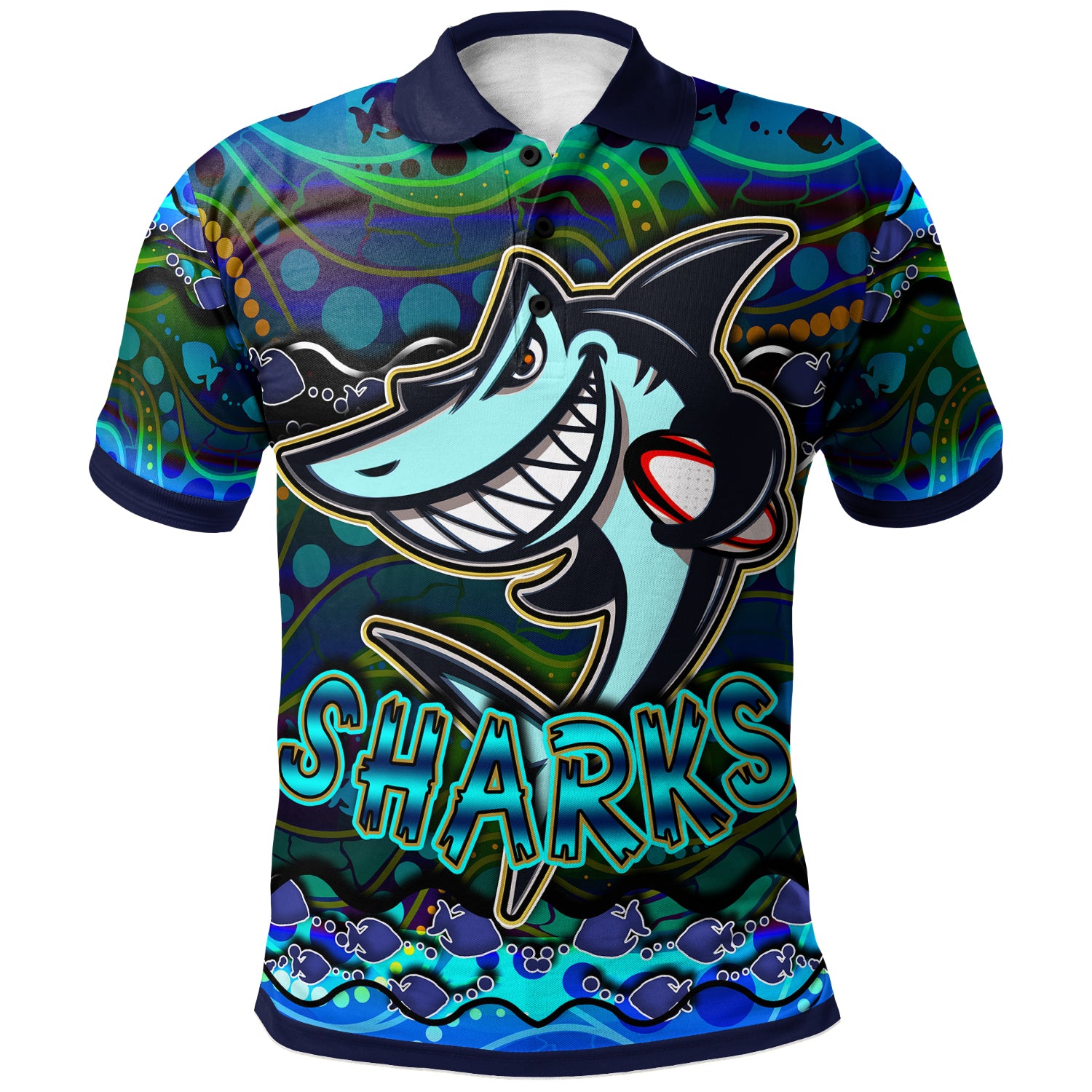 sharks-rugby-polo-shirt-custom-sharks-rugby-with-fish-aboriginal-style-personalised-player-and-number-polo-shirt