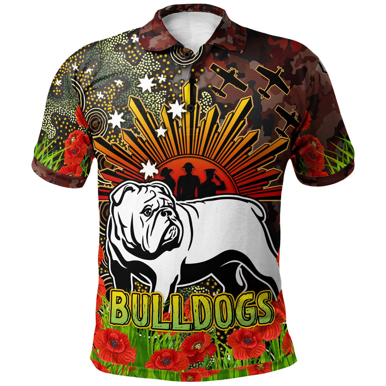 bulldogs-rugby-polo-shirt-anzac-bulldog-with-remembrance-poppy-and-indigenous-patterns-polo-shirt