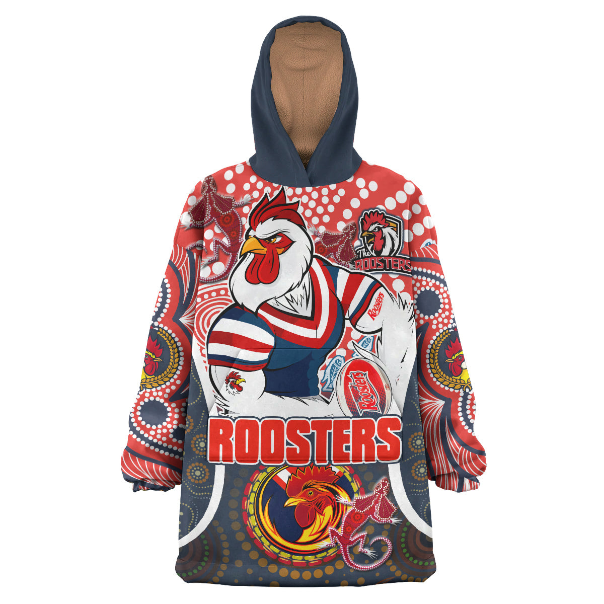 roosters-rugby-snug-hoodie-custom-sydney-roosters-champion-mascot-with-aboriginal-art-personalised-player-and-number-hoodie-oodie-blanket