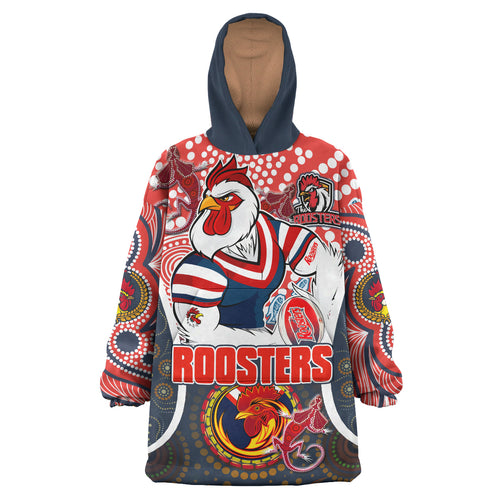 roosters-rugby-snug-hoodie-custom-sydney-roosters-champion-mascot-with-aboriginal-art-personalised-player-and-number-hoodie-oodie-blanket