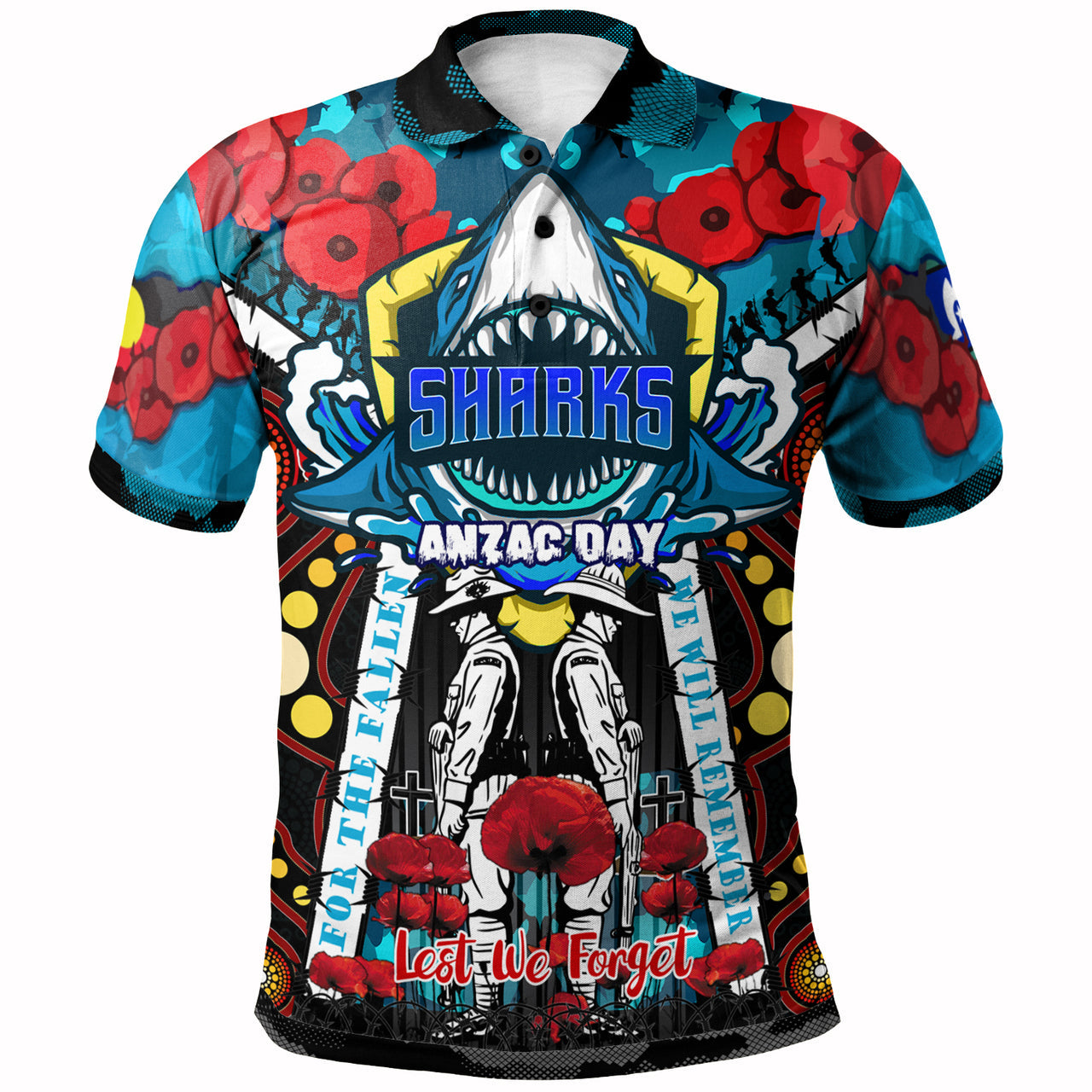 sharks-rugby-anzac-day-watercolour-custom-polo-shirt-remembrance-cronulla-sutherland-sharks-with-poppy-flower