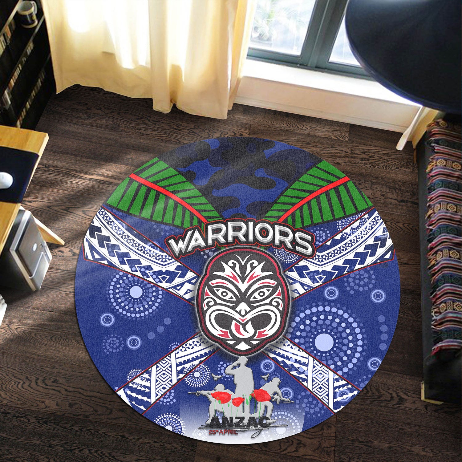 warriors-rugby-round-rug-aboriginal-dot-art-anzac-day-warriors-with-poppy-flower-patterns-round-rug