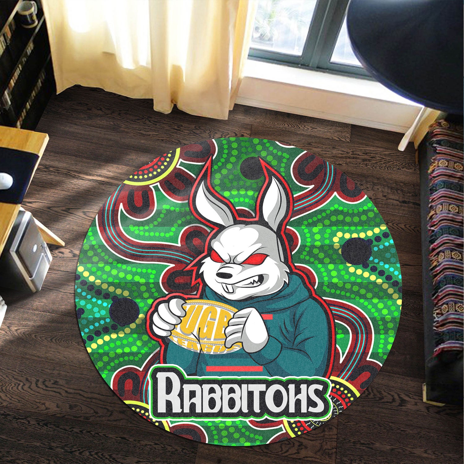 rabbitohs-rugby-round-rug-rabbitohs-with-rugby-ball-aboriginal-style-of-dot-painting-patterns-custom-round-rug