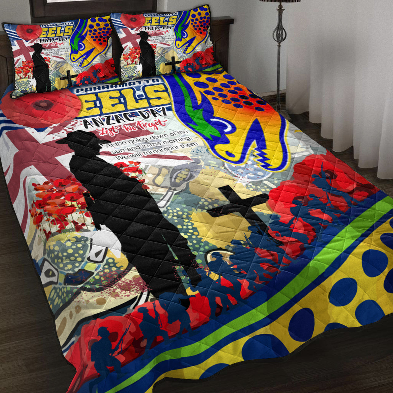 eels-rugby-australia-anzac-day-lest-we-forget-custom-quilt-bed-set-remembrance-eels-with-anzac-poppy-watercolour-style