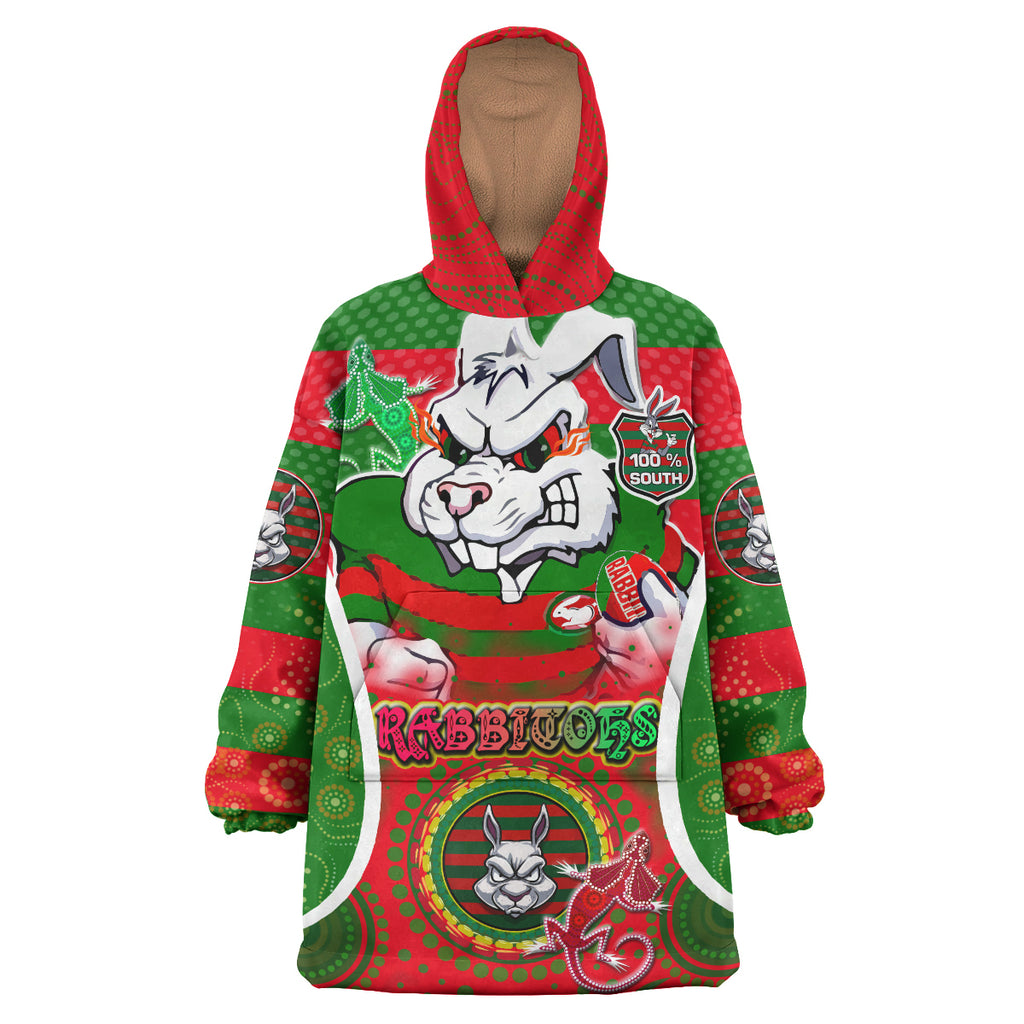rabbitohs-rugby-snug-hoodie-custom-angry-rabbitohs-100-south-personalised-player-and-number-aboriginal-pride-oodie-blanket