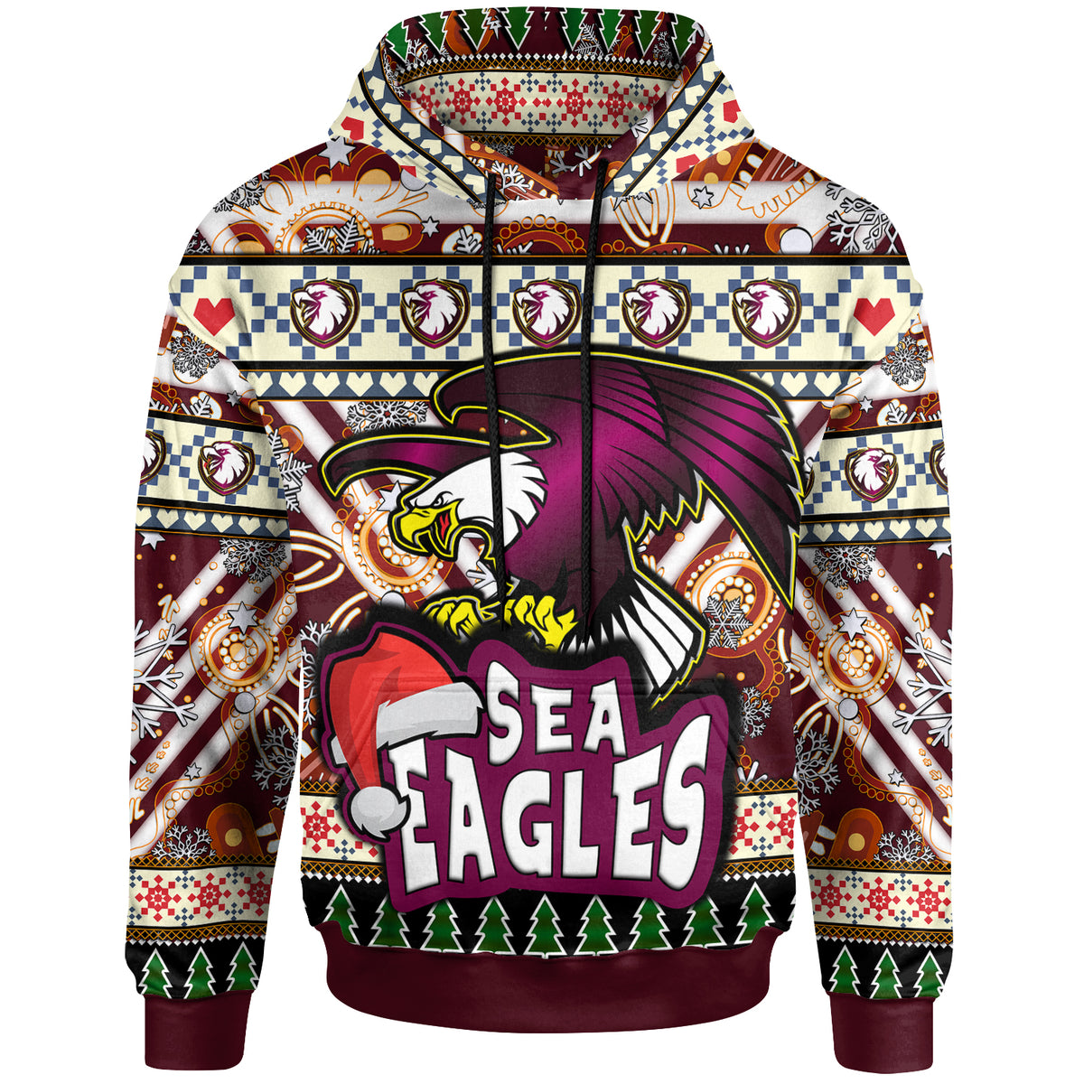 sea-eagle-rugby-christmas-hoodie-custom-xmas-sea-eagle-christmas-balls-snowflake-with-aboriginal-patterns-hoodie