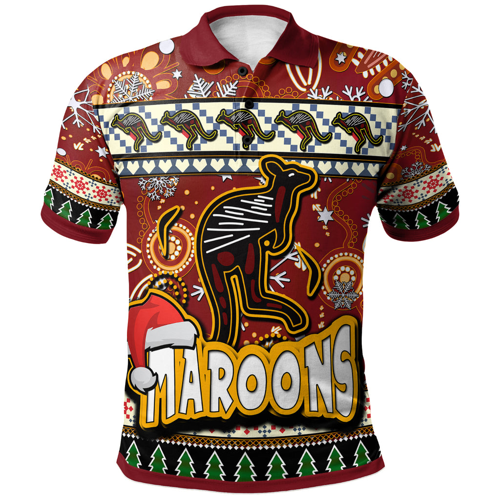 maroons-rugby-christmas-polo-shirt-custom-xmas-maroons-christmas-balls-snowflake-with-aboriginal-patterns-polo-shirt