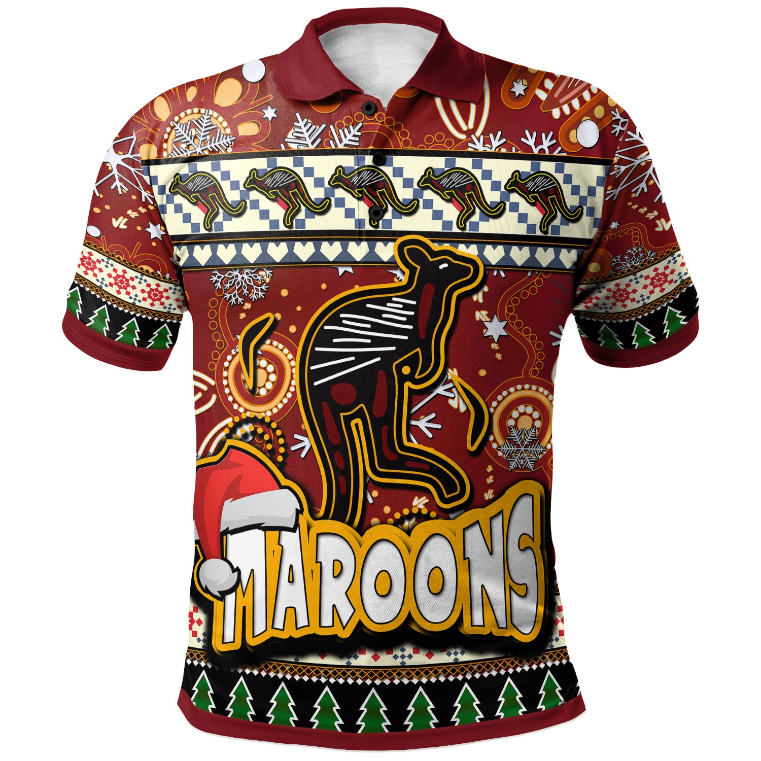 maroons-rugby-christmas-polo-shirt-custom-xmas-maroons-christmas-balls-snowflake-with-aboriginal-patterns-polo-shirt