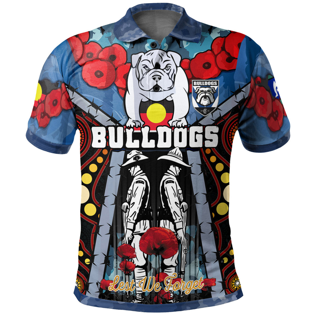 bulldogs-aboriginal-rugby-anzac-day-custom-polo-shirt-remembrance-indigenous-bulldogs-with-poppy-flower-watercolour-style