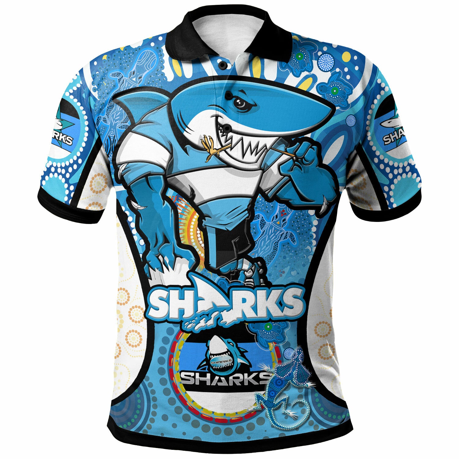 sharks-rugby-polo-shirt-custom-sharkies-mascot-with-aboriginal-art-personalised-player-and-number-polo-shirt