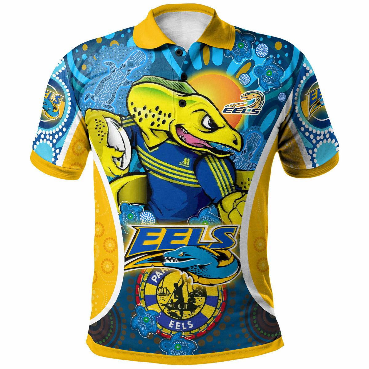 parramatta-eels-rugby-polo-shirt-custom-eels-mascot-with-aboriginal-art-personalised-player-and-number-polo-shirt
