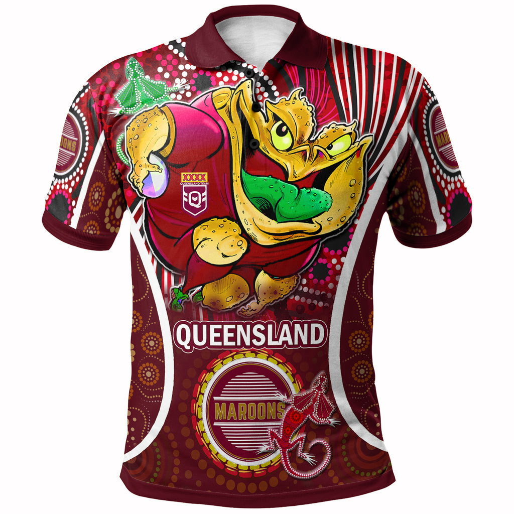 queensland-rugby-league-team-polo-shirt-custom-qld-maroons-cane-toads-with-aboriginal-art-personalised-player-and-number-polo-shirt